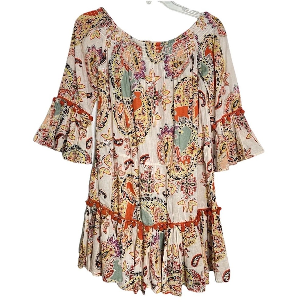 True Destinations Mini Dress Sz XSmall Boho Paisley Floral Print Peasant Coverup